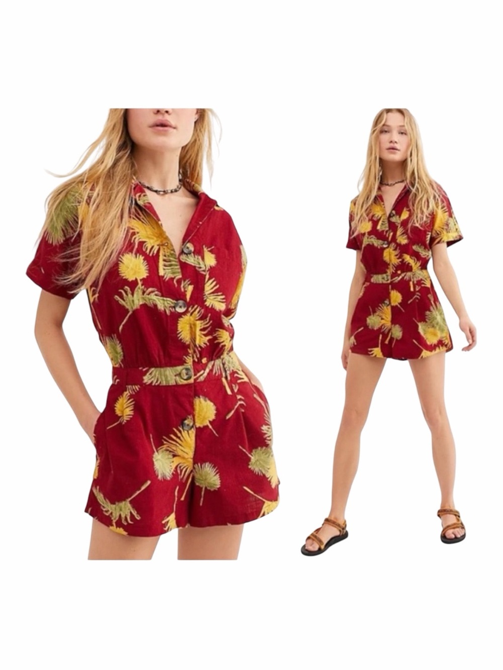 FREE PEOPLE Malibu Palm Leaf Print Cotton Romper. Size Medium.